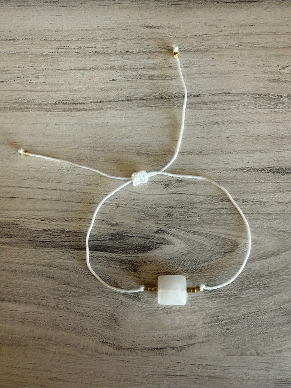 Adjustable White Beaded Cord Bracelet with Square Stone